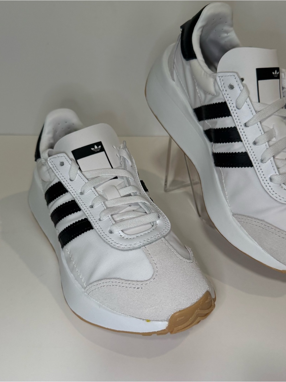 adidas White Sneakers with Black Stripes and Gum Sole